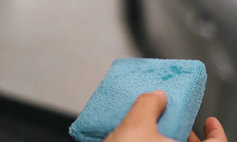 Hand holding a blue coating applicator pad (stock photo)